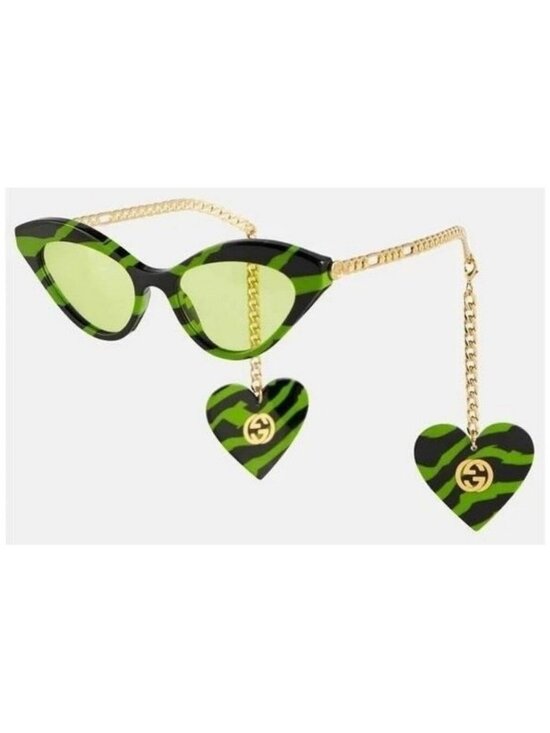 New Authentic Gucci GG0978S 006 Zebra Cat-Eye Sunglasses w/ GG Charms Green/Gold main image 7